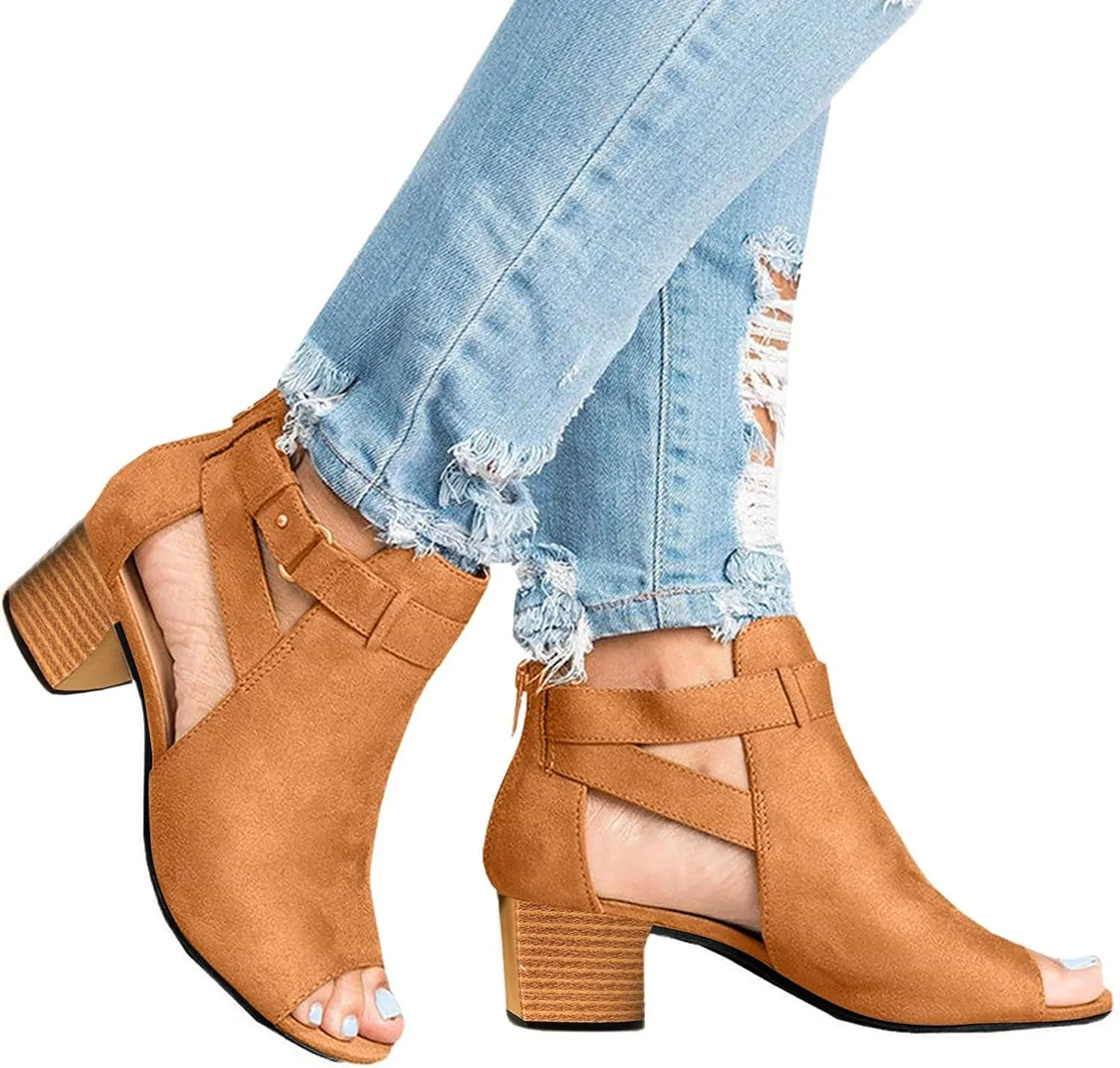 Cathalem Platform Sandals for Women, Women's Suede Peep Toe Ankle Booties Fashion Cut Out Stacked Block Heel Ankle Boots Summer Dressy
