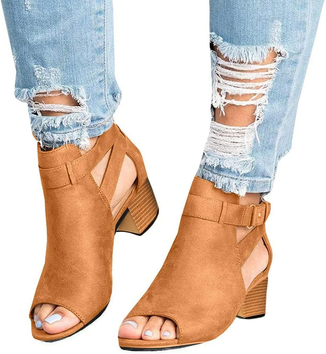 Cathalem Platform Sandals for Women, Women's Suede Peep Toe Ankle Booties Fashion Cut Out Stacked Block Heel Ankle Boots Summer Dressy
