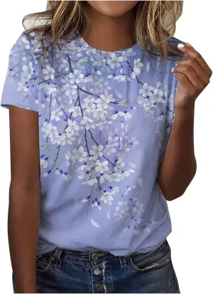 Ceboyel Women Short Sleeve Casual Blouse Floral Print Summer T Shirts Cute Graphic Loose Tees Tops Trendy Ladies Clothing