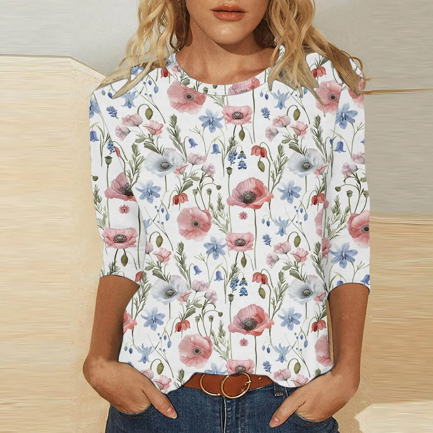 Ceboyel Womens 3/4 Sleeve Summer Shirts 2024 Trendy Elbow Length Tops Floral Boho Blouses T Shirts Dressy Causal Clothes