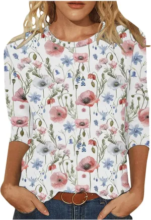 Ceboyel Womens 3/4 Sleeve Summer Shirts 2024 Trendy Elbow Length Tops Floral Boho Blouses T Shirts Dressy Causal Clothes