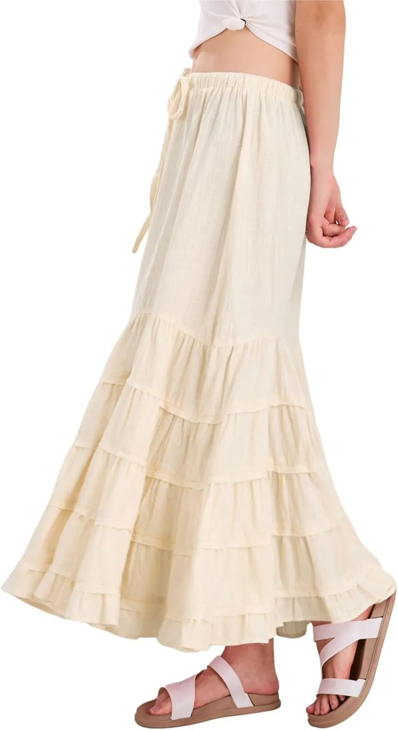 CHARTOU Women Tiered Maxi Mermaid Skirt Drawstring Waist Ruffle Flowy Boho 2024 Summer Long Skirt