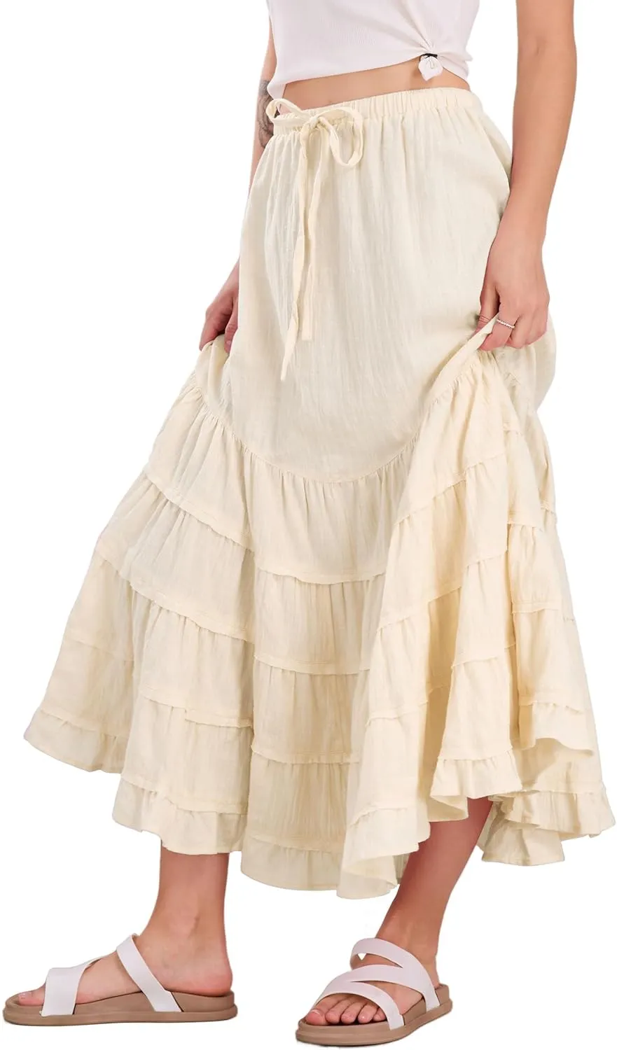 CHARTOU Women Tiered Maxi Mermaid Skirt Drawstring Waist Ruffle Flowy Boho 2024 Summer Long Skirt