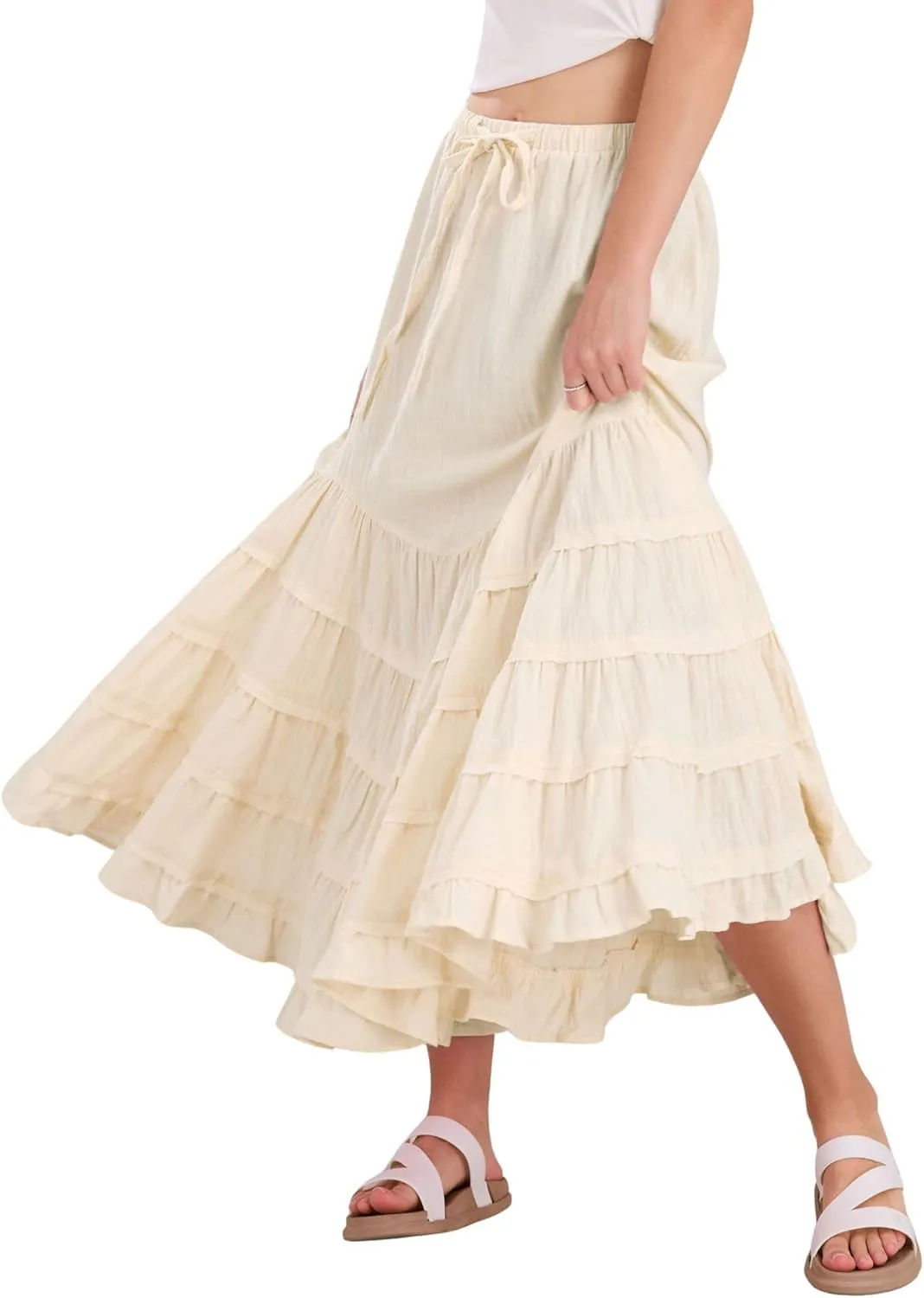 CHARTOU Women Tiered Maxi Mermaid Skirt Drawstring Waist Ruffle Flowy Boho 2024 Summer Long Skirt