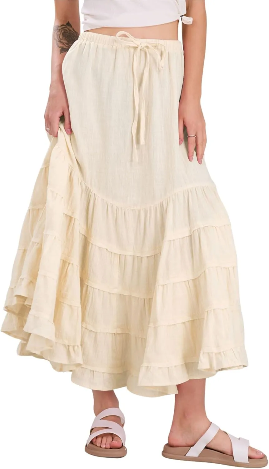 CHARTOU Women Tiered Maxi Mermaid Skirt Drawstring Waist Ruffle Flowy Boho 2024 Summer Long Skirt