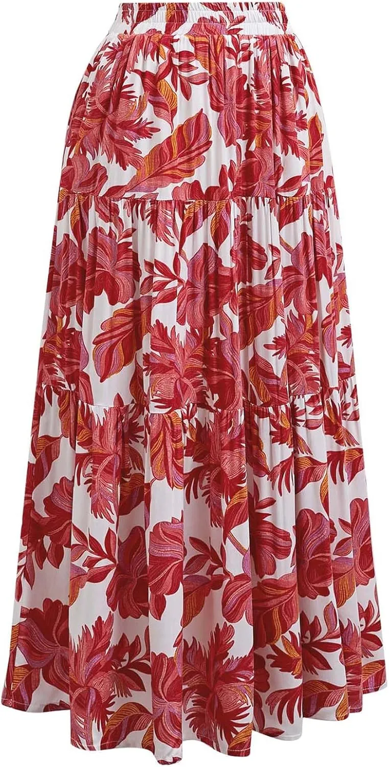 CHICWISH Women Tropical Floral Print Maxi Skirt Elastic Waist Summer Pleated Flowy Casual Vacation Hawaiian Long Skirt