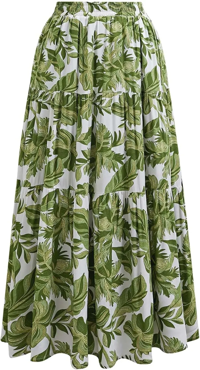 CHICWISH Women Tropical Floral Print Maxi Skirt Elastic Waist Summer Pleated Flowy Casual Vacation Hawaiian Long Skirt
