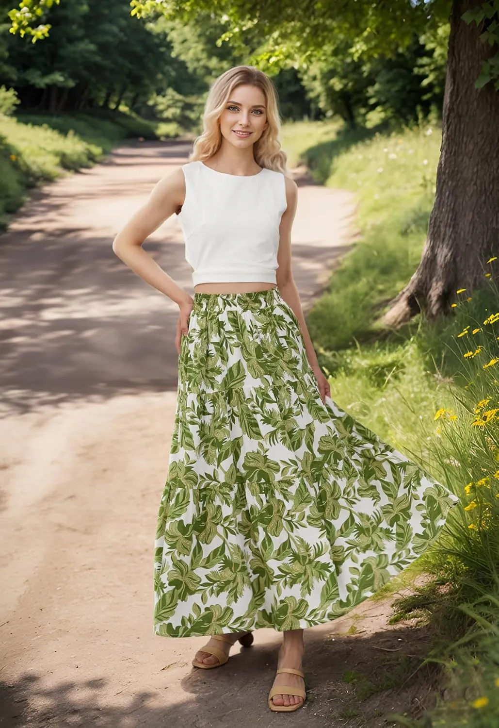 CHICWISH Women Tropical Floral Print Maxi Skirt Elastic Waist Summer Pleated Flowy Casual Vacation Hawaiian Long Skirt