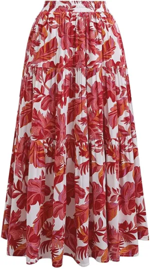 CHICWISH Women Tropical Floral Print Maxi Skirt Elastic Waist Summer Pleated Flowy Casual Vacation Hawaiian Long Skirt