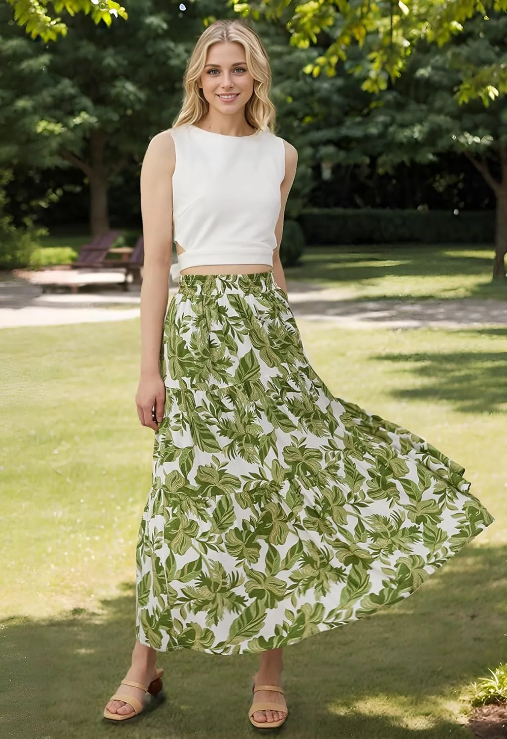 CHICWISH Women Tropical Floral Print Maxi Skirt Elastic Waist Summer Pleated Flowy Casual Vacation Hawaiian Long Skirt