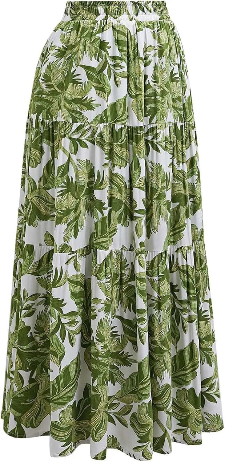 CHICWISH Women Tropical Floral Print Maxi Skirt Elastic Waist Summer Pleated Flowy Casual Vacation Hawaiian Long Skirt