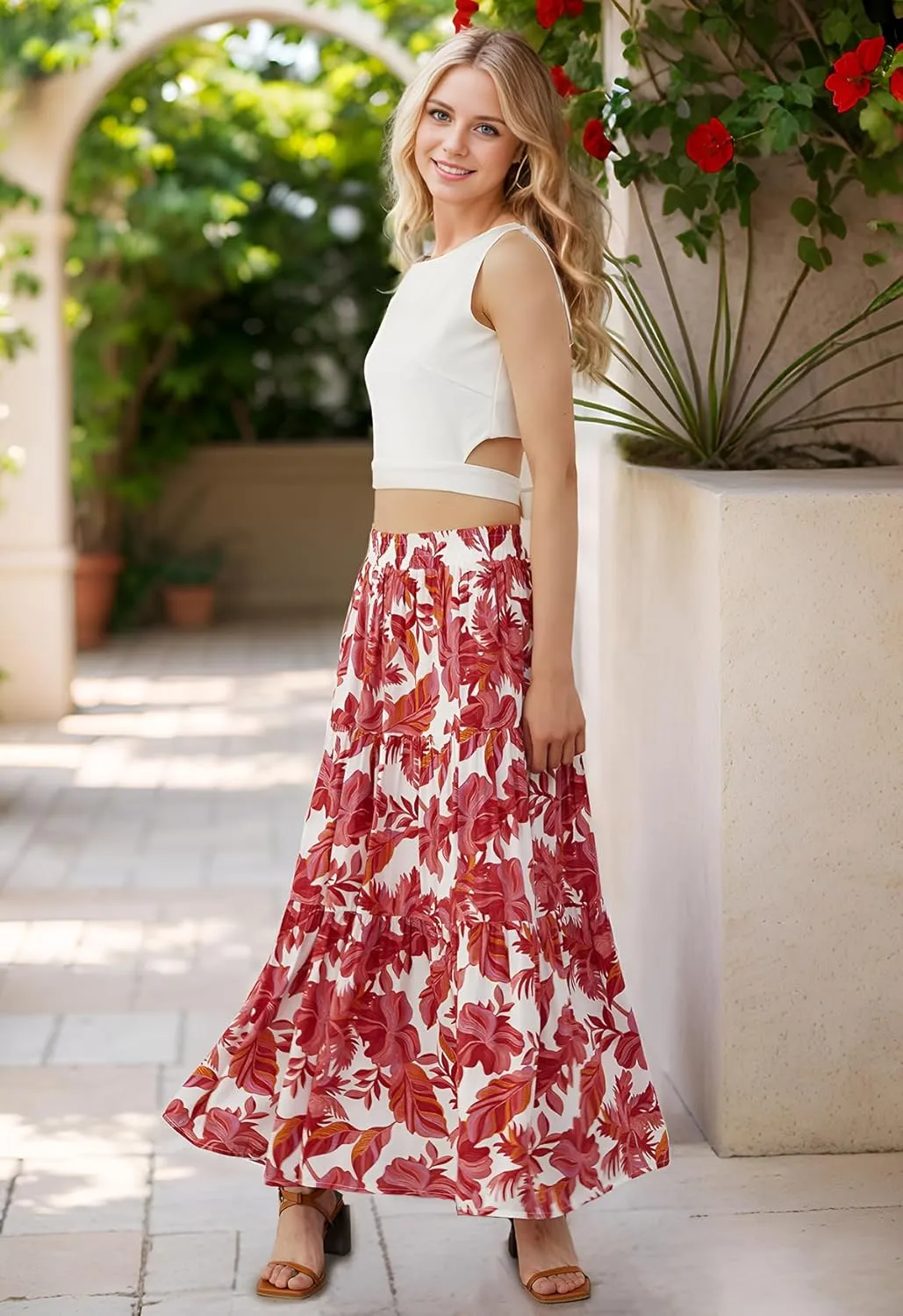 CHICWISH Women Tropical Floral Print Maxi Skirt Elastic Waist Summer Pleated Flowy Casual Vacation Hawaiian Long Skirt