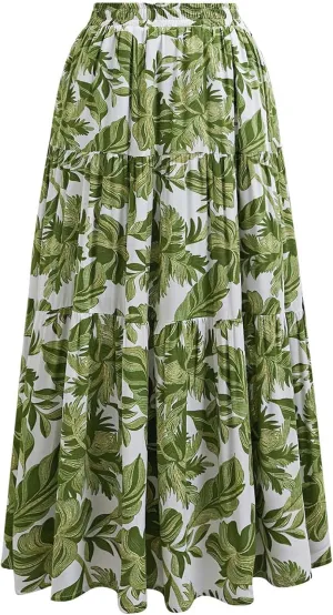 CHICWISH Women Tropical Floral Print Maxi Skirt Elastic Waist Summer Pleated Flowy Casual Vacation Hawaiian Long Skirt