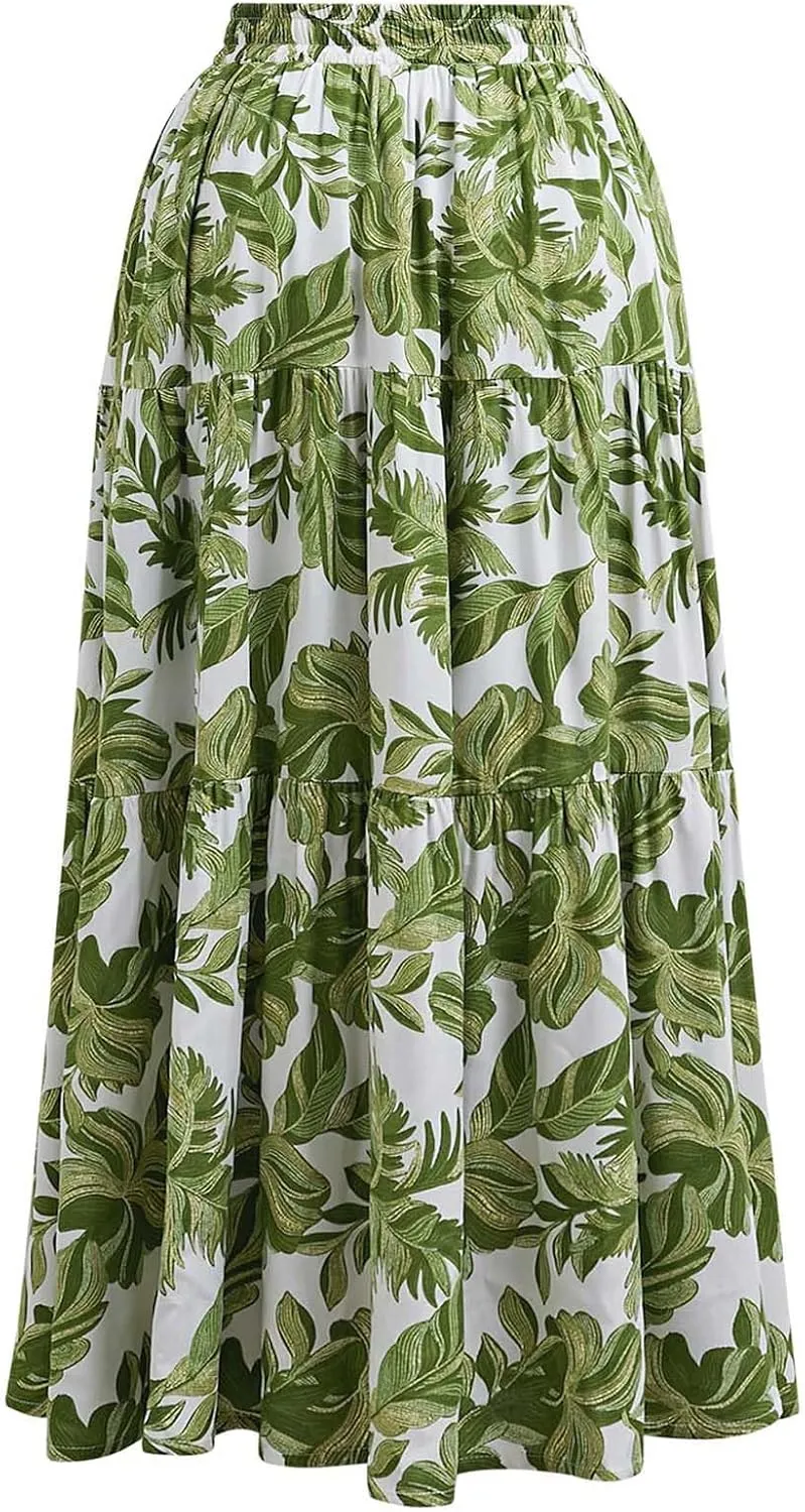 CHICWISH Women Tropical Floral Print Maxi Skirt Elastic Waist Summer Pleated Flowy Casual Vacation Hawaiian Long Skirt