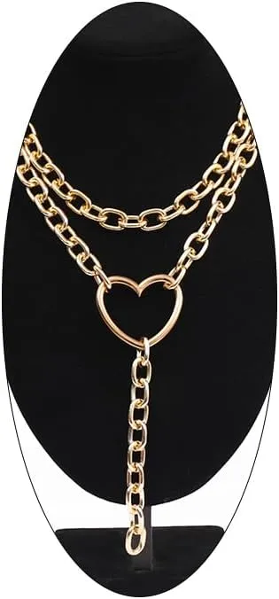 Chunky Layered Big Heart Gold Y Necklaces for Women, Statement Thick Silver Cuban Chain Trendy Bold Choker Necklaces Punk Valentine Bar Jewelry Gifts
