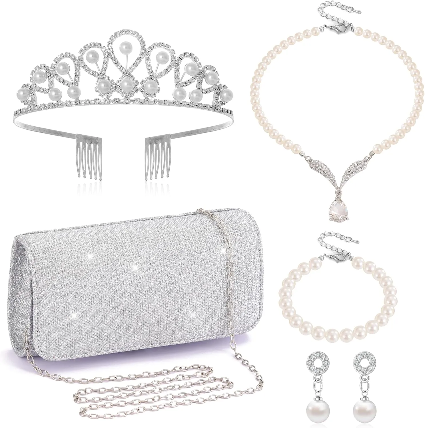 CISYINO 5Pcs Silver Clutch Purses Jewelry Set for Women Pearl Necklace Earrings Bracelets Crown Set Sparkly Prom Evening Bag Formal Wedding Handbags with Chain
