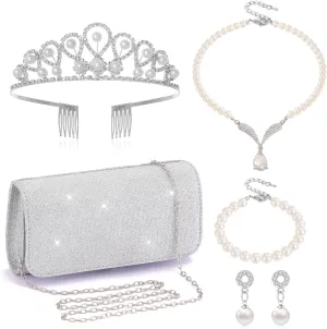CISYINO 5Pcs Silver Clutch Purses Jewelry Set for Women Pearl Necklace Earrings Bracelets Crown Set Sparkly Prom Evening Bag Formal Wedding Handbags with Chain