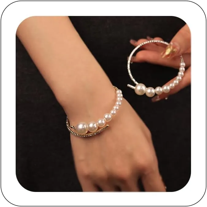 Classic Rhinestone Cuff Bracelets Single Row Imilitation Pearl Bangle Trendy Bride Wedding Jewelry Accessories for Women Girls