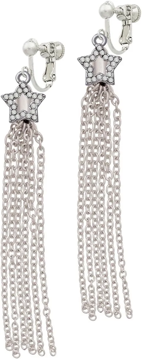 Clear Crystal Open Star Chain Tassel Clip On Earrings