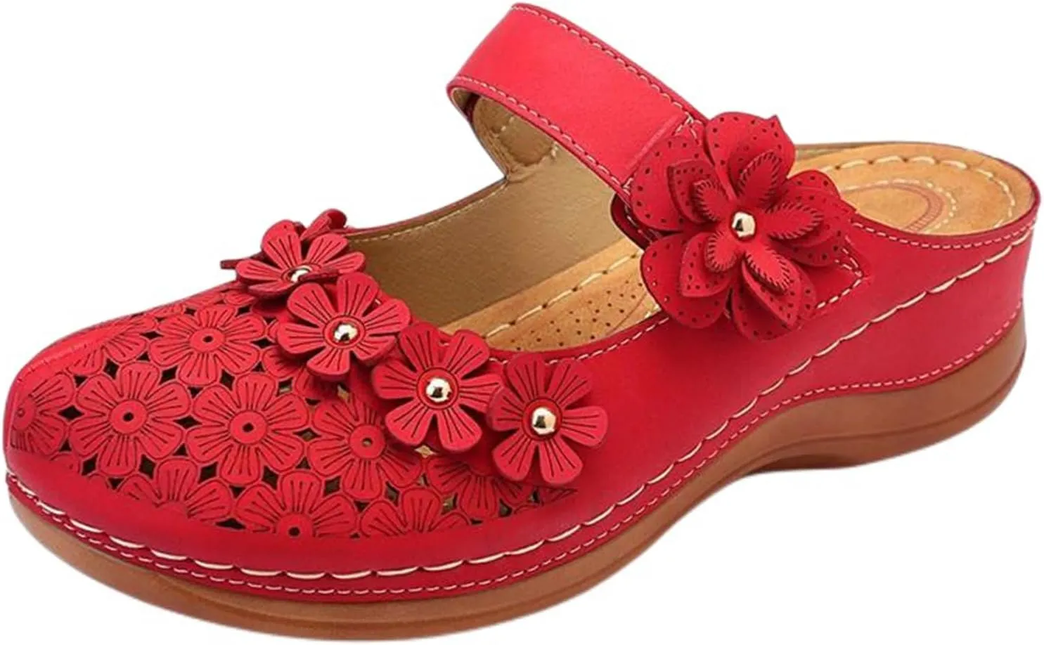 Closed Toe Clogs for Women Mule Summer PU Leather Flower Hollow Out Slip on Sandal Breathable Round Toe Backless Walking Slippers Roman Garden Beach Shoes Comfortable Orthopedic Sandals