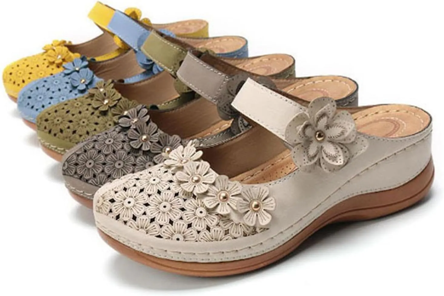 Closed Toe Clogs for Women Mule Summer PU Leather Flower Hollow Out Slip on Sandal Breathable Round Toe Backless Walking Slippers Roman Garden Beach Shoes Comfortable Orthopedic Sandals