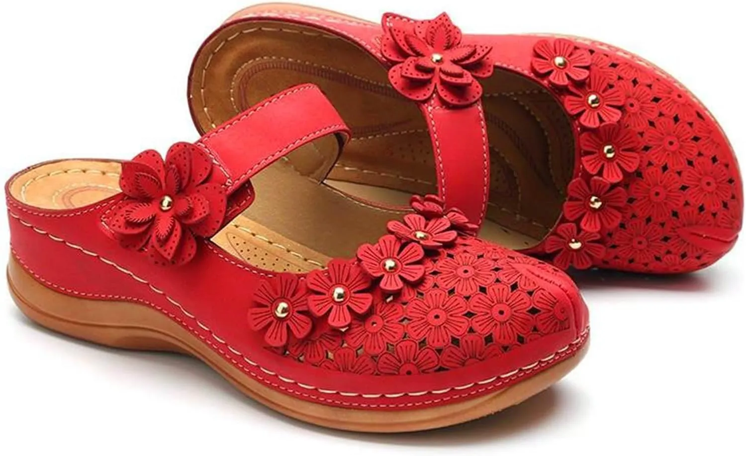 Closed Toe Clogs for Women Mule Summer PU Leather Flower Hollow Out Slip on Sandal Breathable Round Toe Backless Walking Slippers Roman Garden Beach Shoes Comfortable Orthopedic Sandals