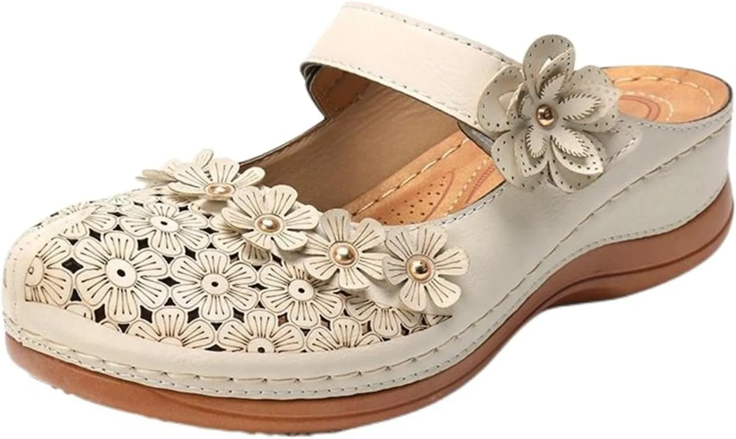 Closed Toe Clogs for Women Mule Summer PU Leather Flower Hollow Out Slip on Sandal Breathable Round Toe Backless Walking Slippers Roman Garden Beach Shoes Comfortable Orthopedic Sandals