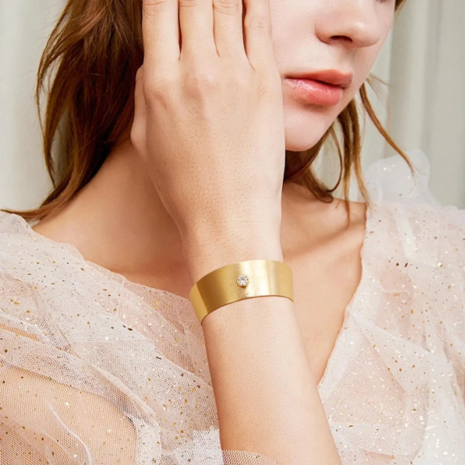COLOYAN 2PCS Gold Wide Cuff Bracelets Bangle for Women Chunky 14K Gold Plated Open Arm Cuffs Bangle Adjustable