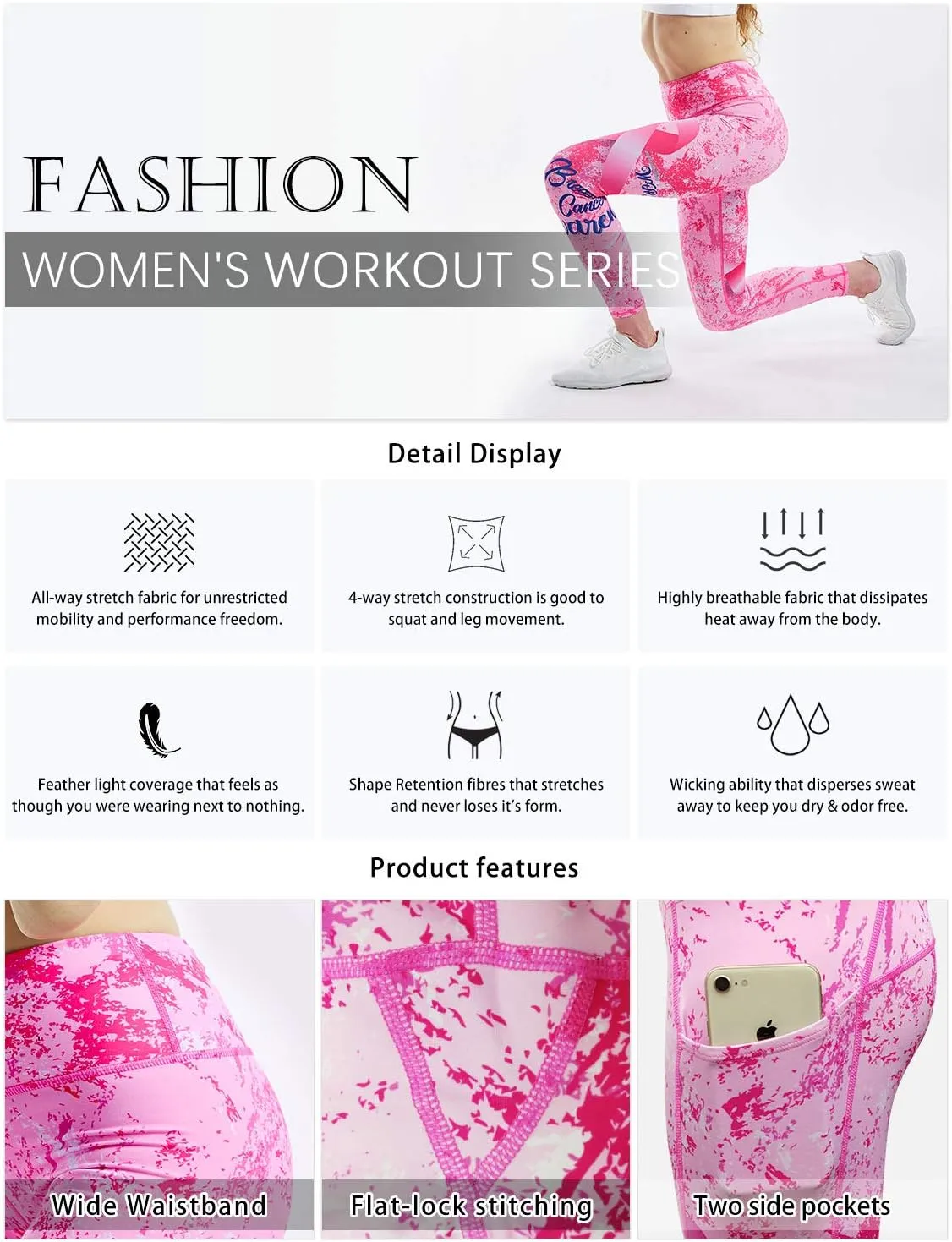 COOLOMG Women Leggings Breast Cancer Awareness Yoga Pants Pink Ribbon Tights with Side Pockets