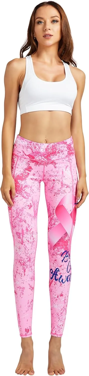 COOLOMG Women Leggings Breast Cancer Awareness Yoga Pants Pink Ribbon Tights with Side Pockets