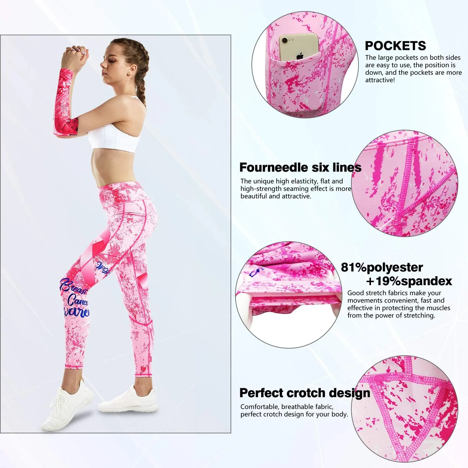 COOLOMG Women Leggings Breast Cancer Awareness Yoga Pants Pink Ribbon Tights with Side Pockets