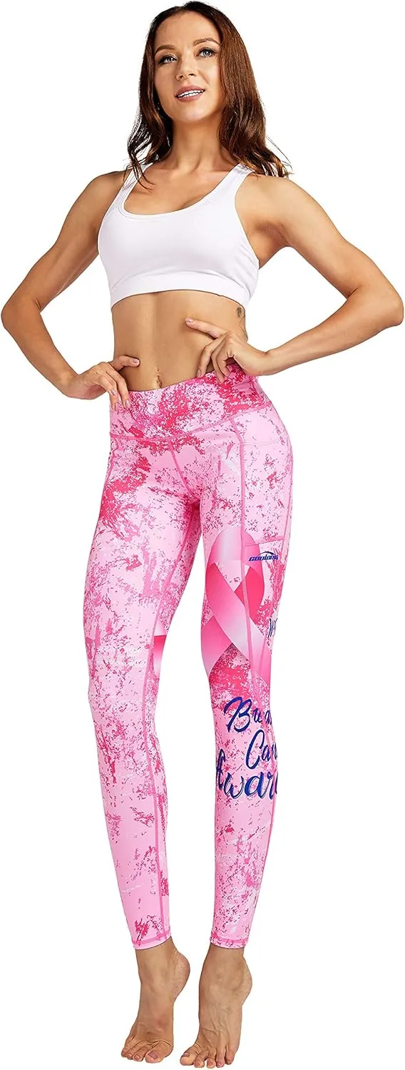 COOLOMG Women Leggings Breast Cancer Awareness Yoga Pants Pink Ribbon Tights with Side Pockets