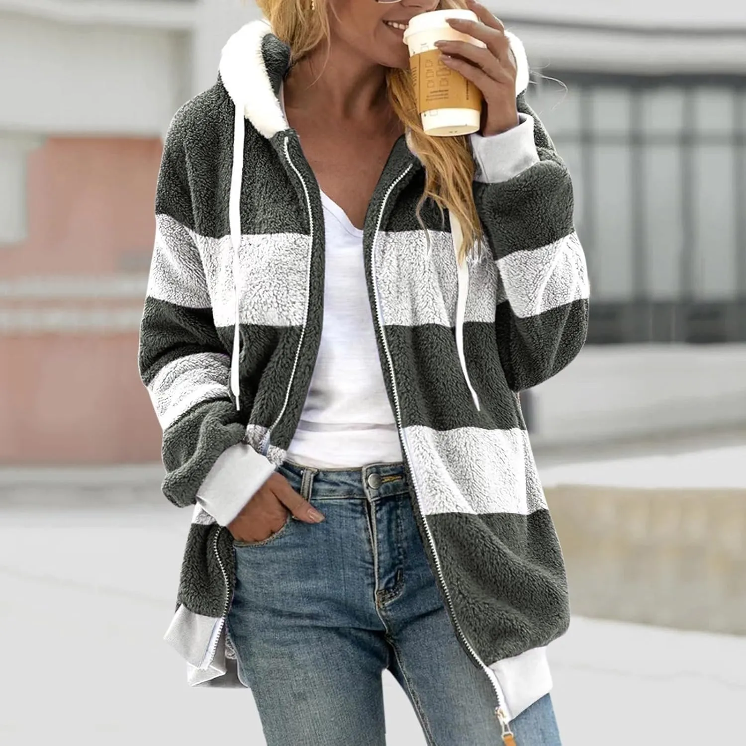 COTECRAM Winter Coats for Women 2023 Casual Plus Size Fleece Jacket Color Block Zip Up Hoodies Coat Outwear with Pockets