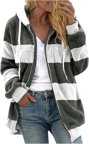 COTECRAM Winter Coats for Women 2023 Casual Plus Size Fleece Jacket Color Block Zip Up Hoodies Coat Outwear with Pockets
