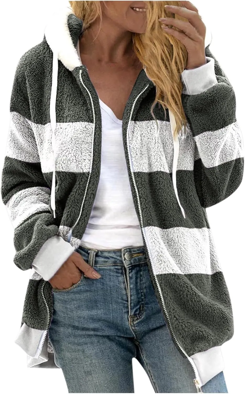 COTECRAM Winter Coats for Women 2023 Casual Plus Size Fleece Jacket Color Block Zip Up Hoodies Coat Outwear with Pockets