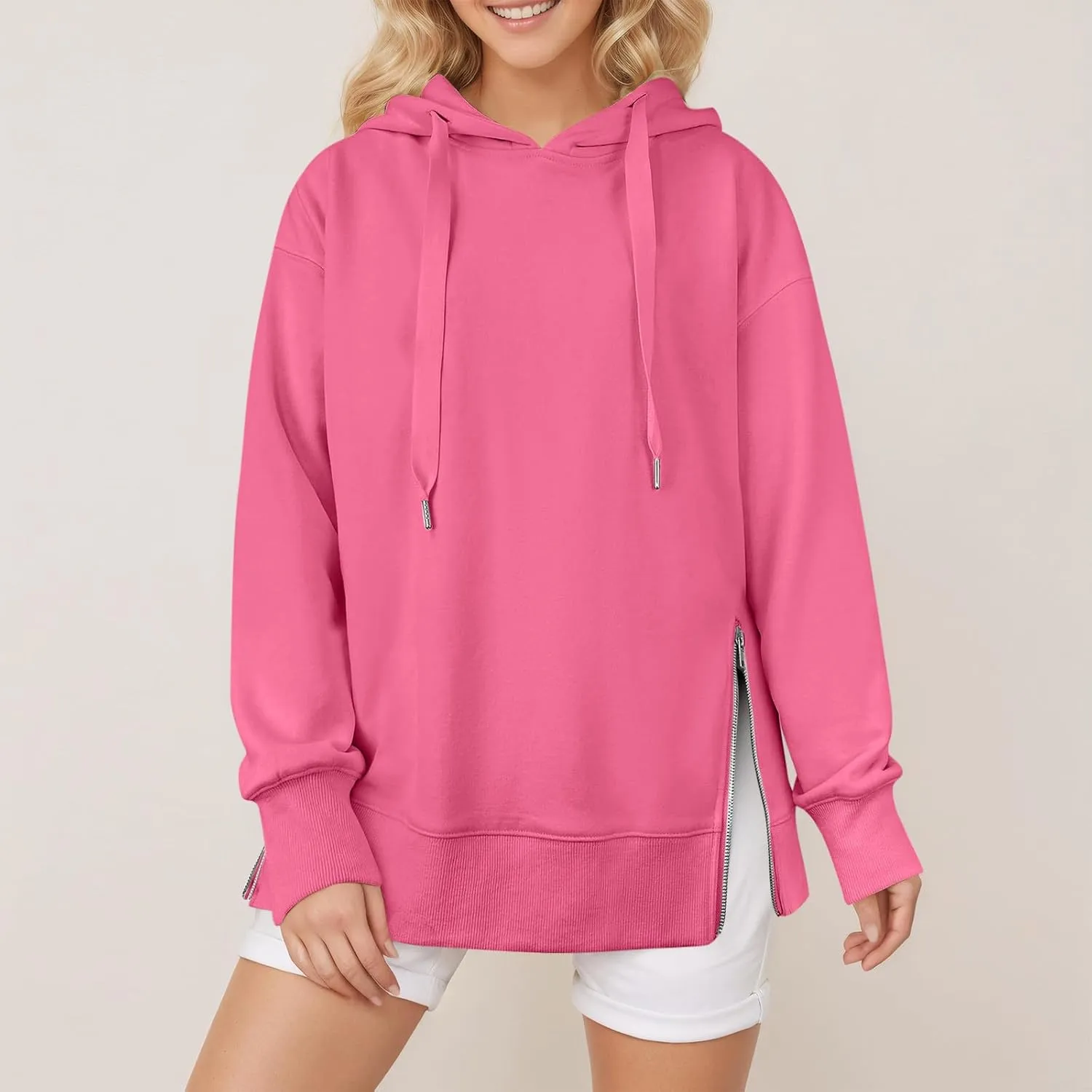 COTECRAM Women Oversized Hoodies Side Zipper Casual Sweatshirts Lightweight Tunic Pullover 2024 Fall Long Sleeve Shirts