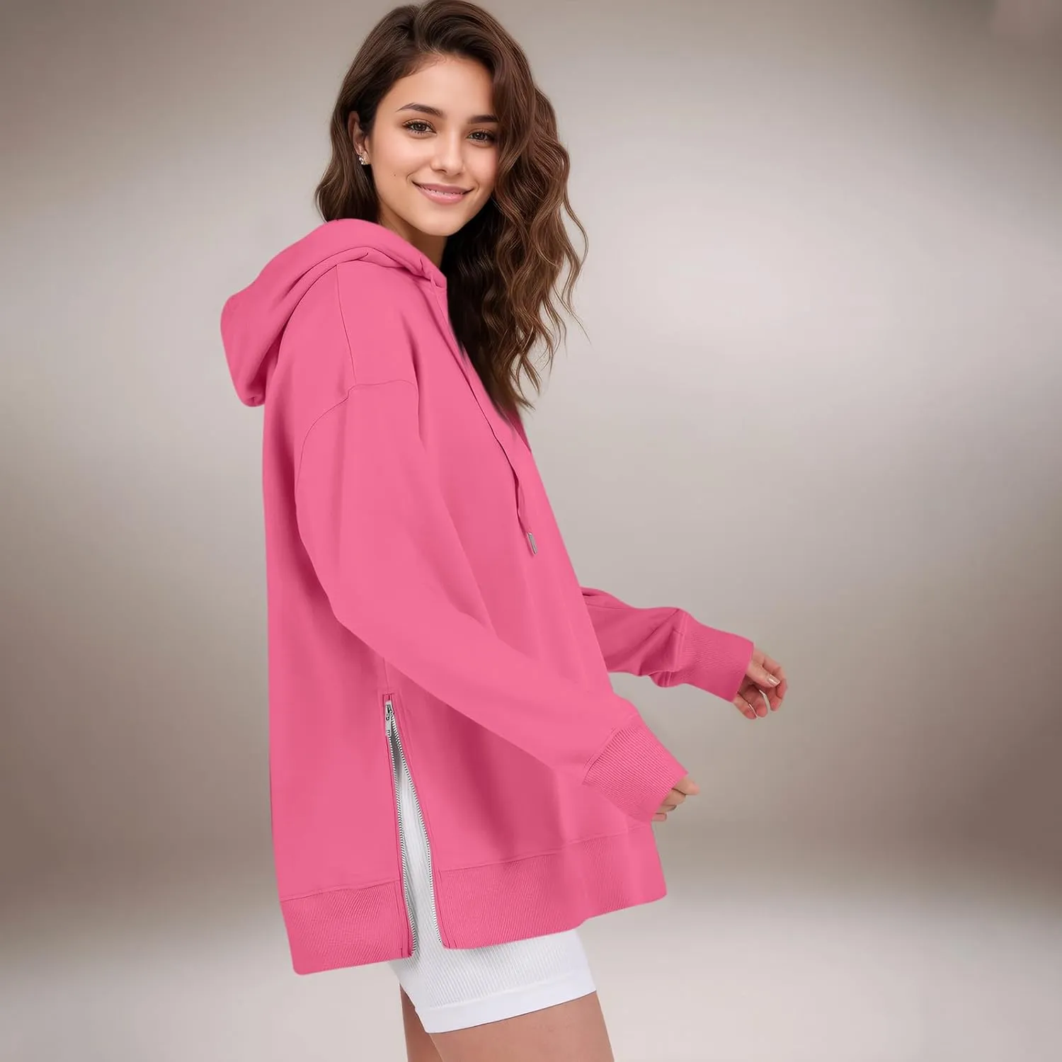 COTECRAM Women Oversized Hoodies Side Zipper Casual Sweatshirts Lightweight Tunic Pullover 2024 Fall Long Sleeve Shirts