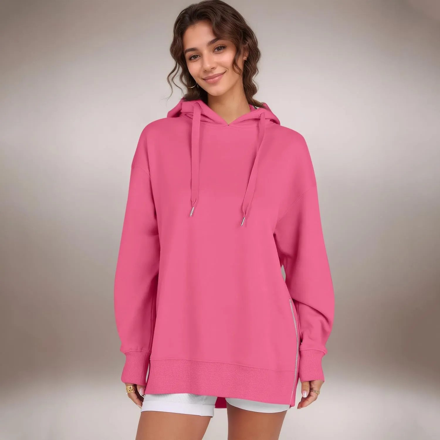 COTECRAM Women Oversized Hoodies Side Zipper Casual Sweatshirts Lightweight Tunic Pullover 2024 Fall Long Sleeve Shirts