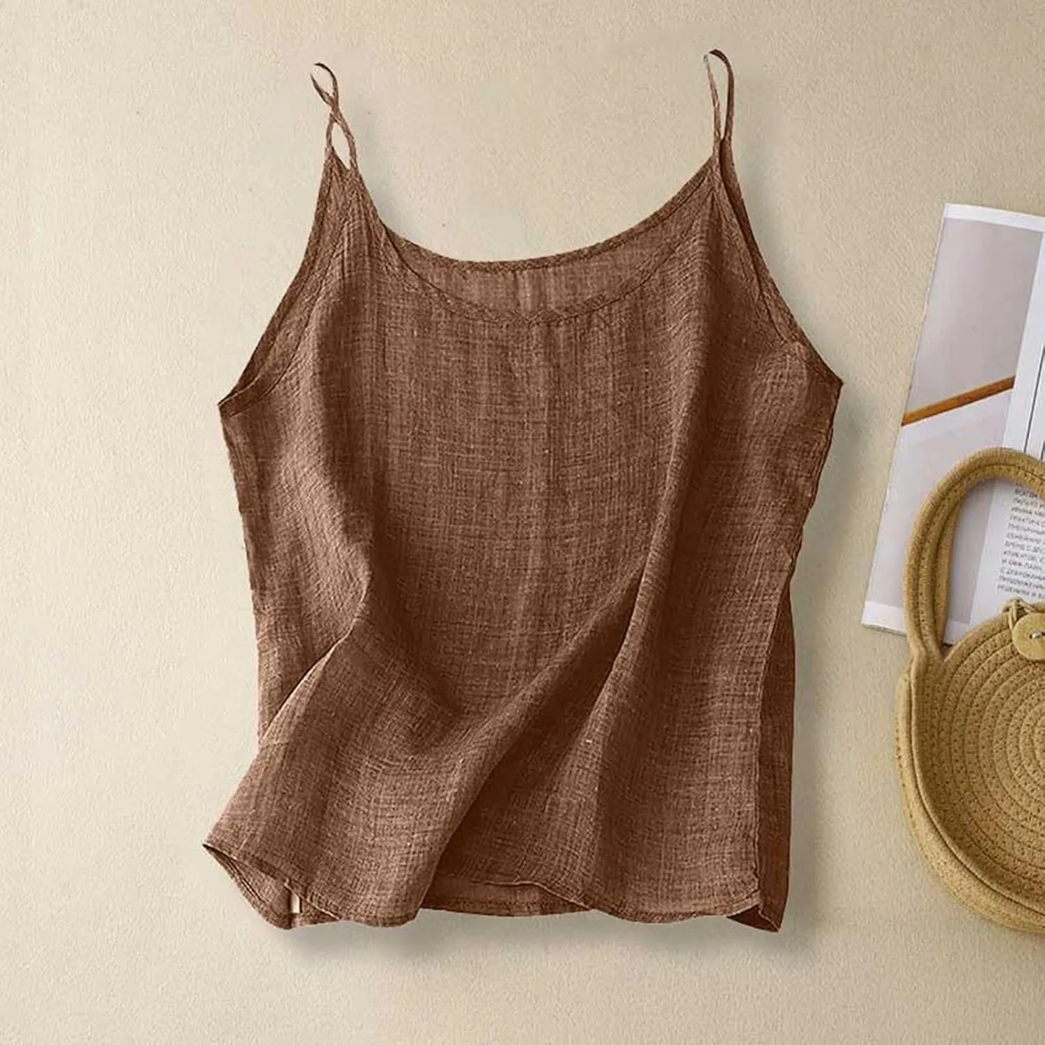 Cotton Linen Camisole Tops for Women Spaghetti Strap Loose Fit Tank Top Cami Summer Casual Sleeveless Gauze Shirts