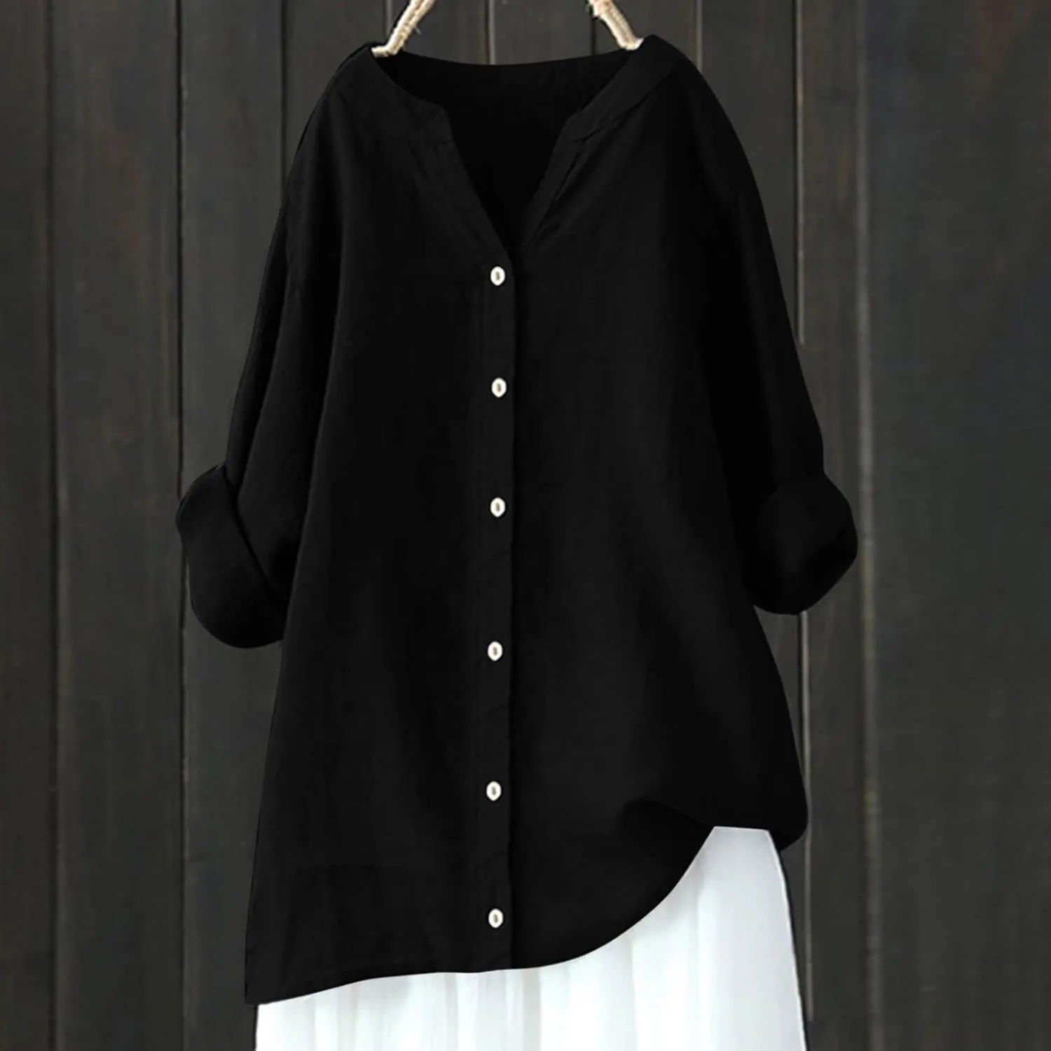 Cotton Linen Shirts for Women 2025 Buttons V Neck Long Sleeve Tshirt Plus Size Loose Blouses Dressy Casual Tunic Tops
