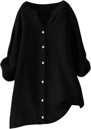 Cotton Linen Shirts for Women 2025 Buttons V Neck Long Sleeve Tshirt Plus Size Loose Blouses Dressy Casual Tunic Tops