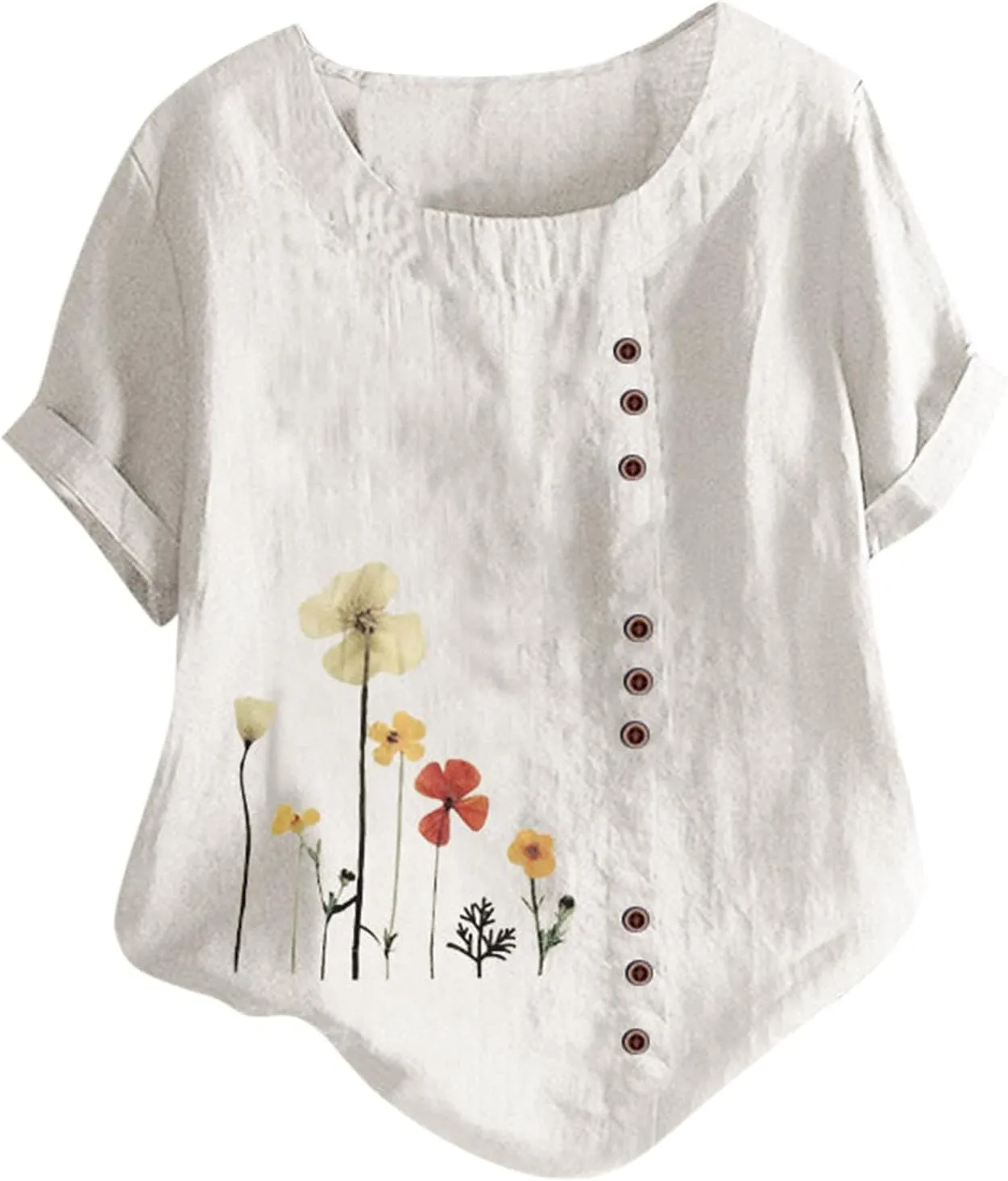 Cotton Linen Tops for Women Loose Fit Casual Roll Up Short Sleeve T-Shirt Trendy Cute Floral Print Blouse 2025 Summer