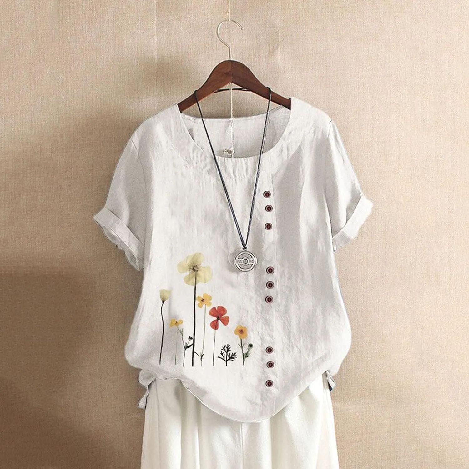 Cotton Linen Tops for Women Loose Fit Casual Roll Up Short Sleeve T-Shirt Trendy Cute Floral Print Blouse 2025 Summer