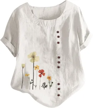 Cotton Linen Tops for Women Loose Fit Casual Roll Up Short Sleeve T-Shirt Trendy Cute Floral Print Blouse 2025 Summer