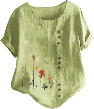 Cotton Linen Tops for Women Loose Fit Casual Roll Up Short Sleeve T-Shirt Trendy Cute Floral Print Blouse 2025 Summer