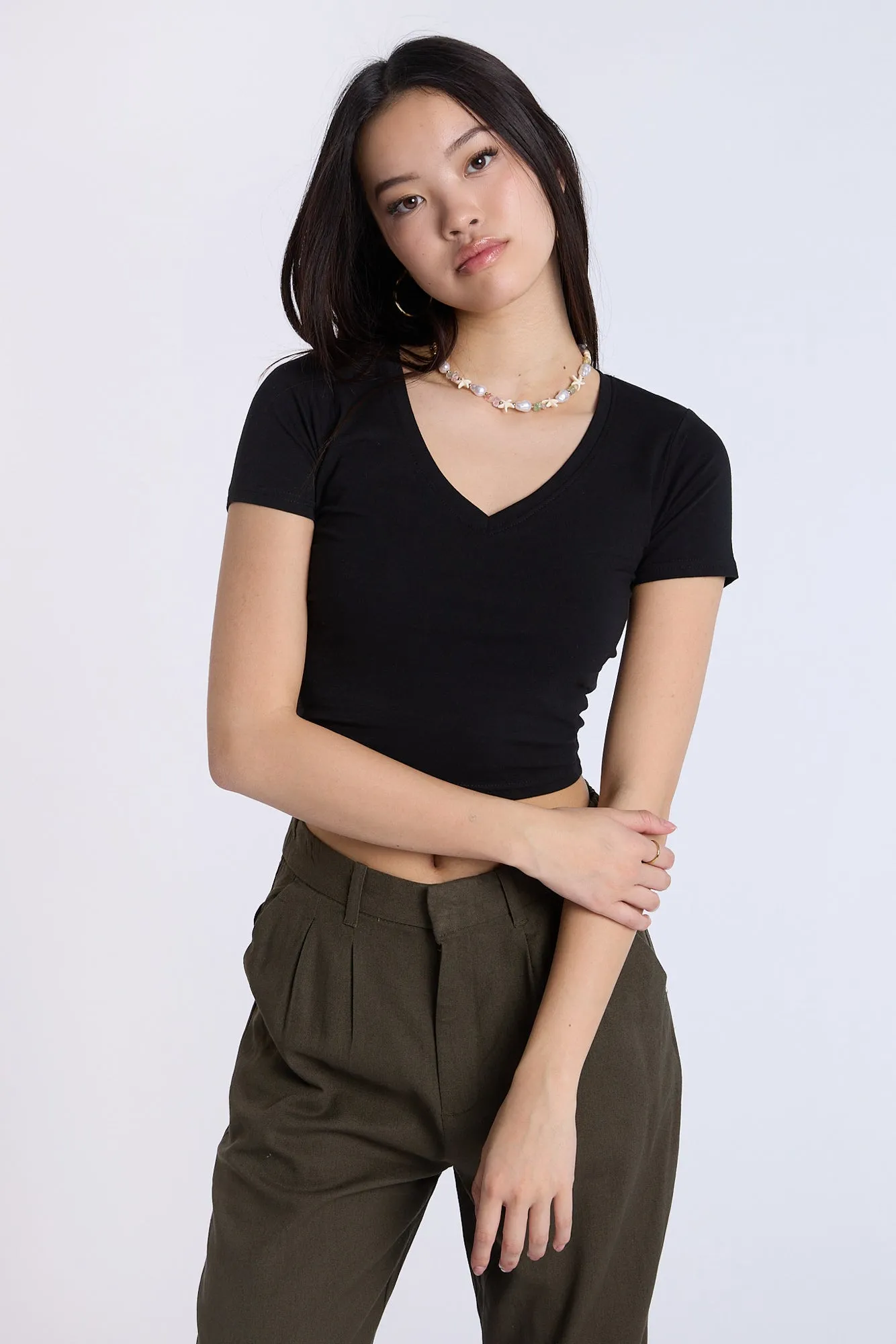 Cotton Short Sleeve V-Neck Cropped Tee
