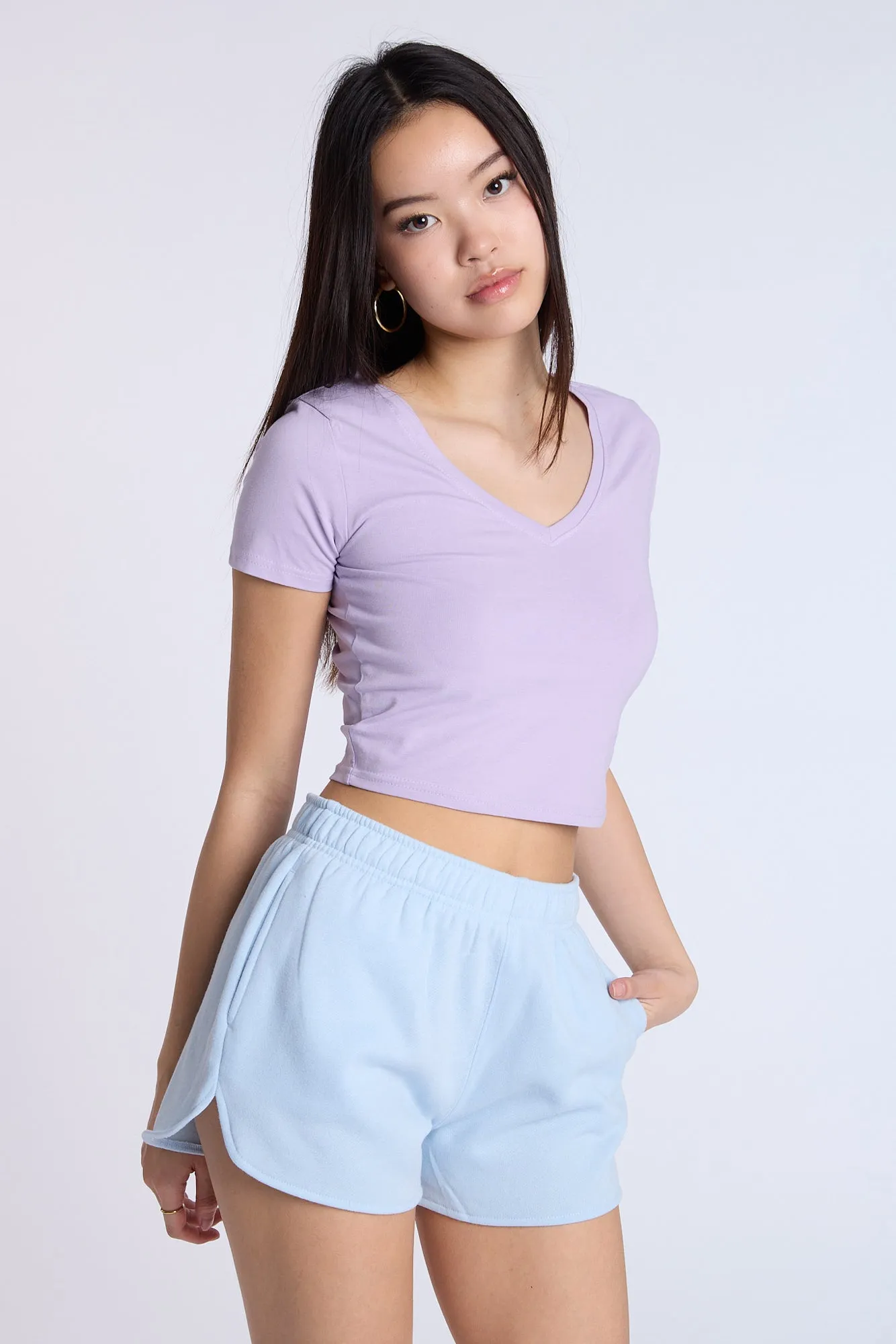 Cotton Short Sleeve V-Neck Cropped Tee