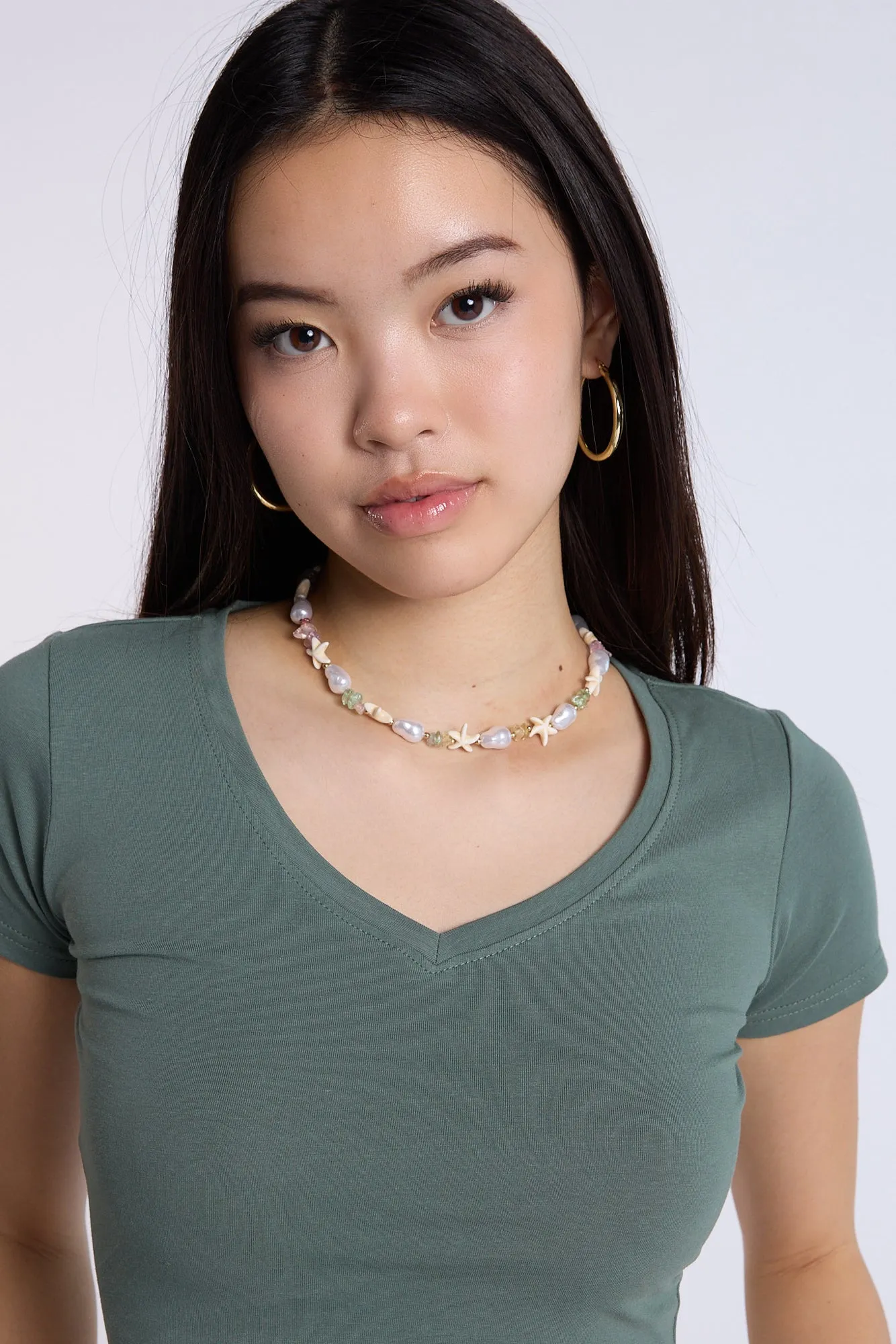 Cotton Short Sleeve V-Neck Cropped Tee
