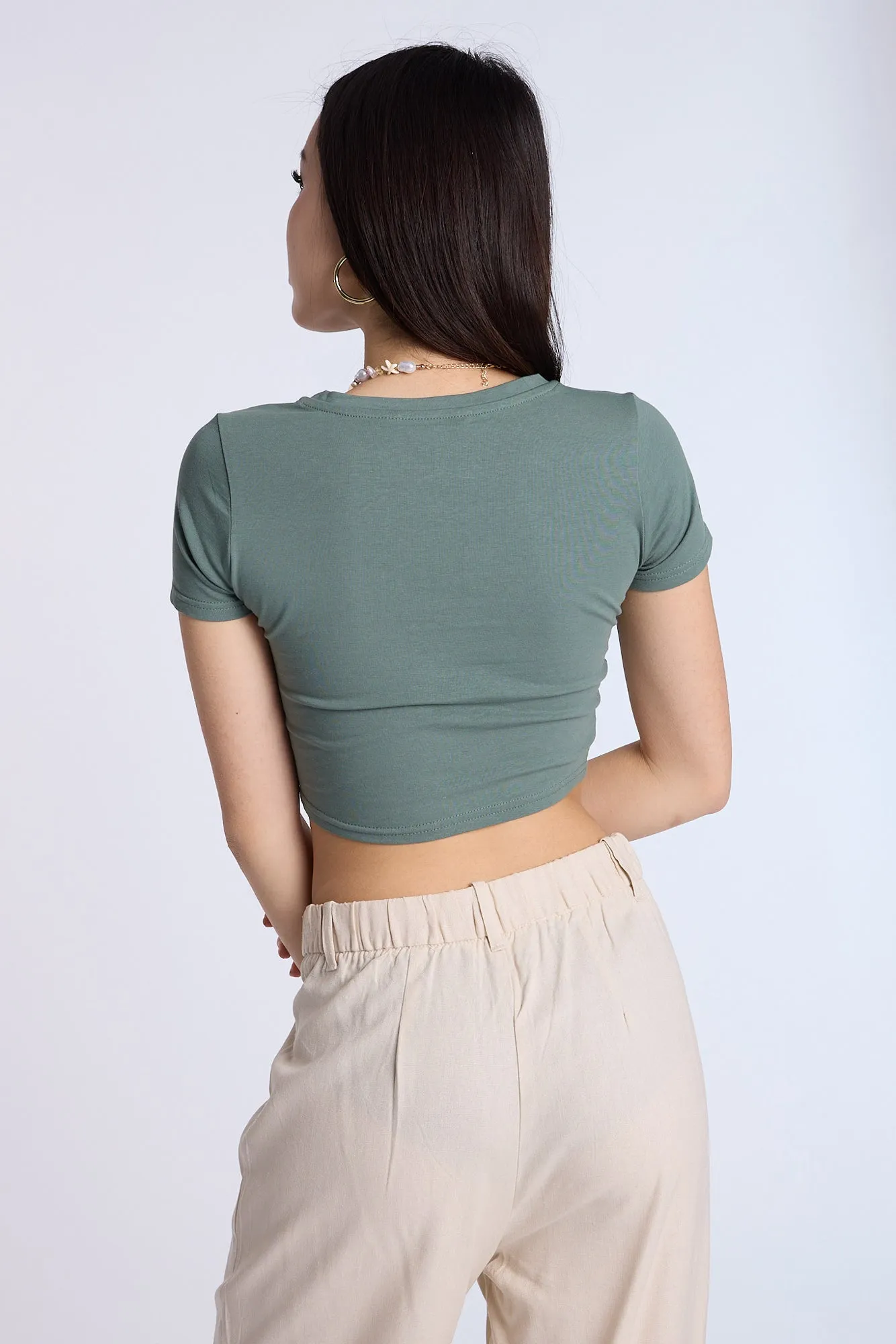 Cotton Short Sleeve V-Neck Cropped Tee