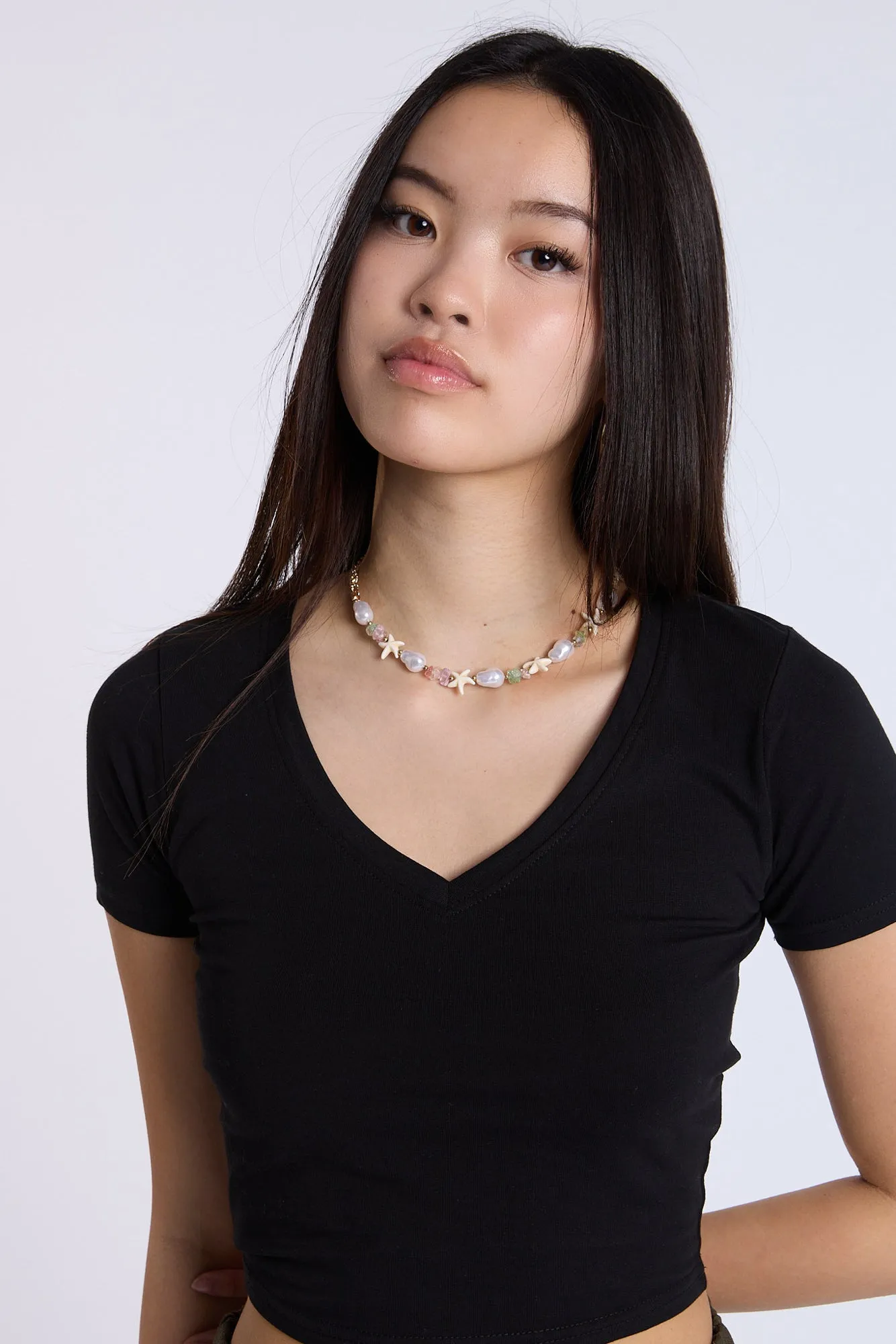 Cotton Short Sleeve V-Neck Cropped Tee